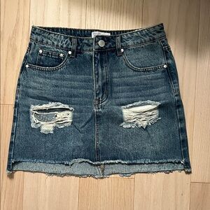 Ripped Denim Mini Skirt - Dark Blue